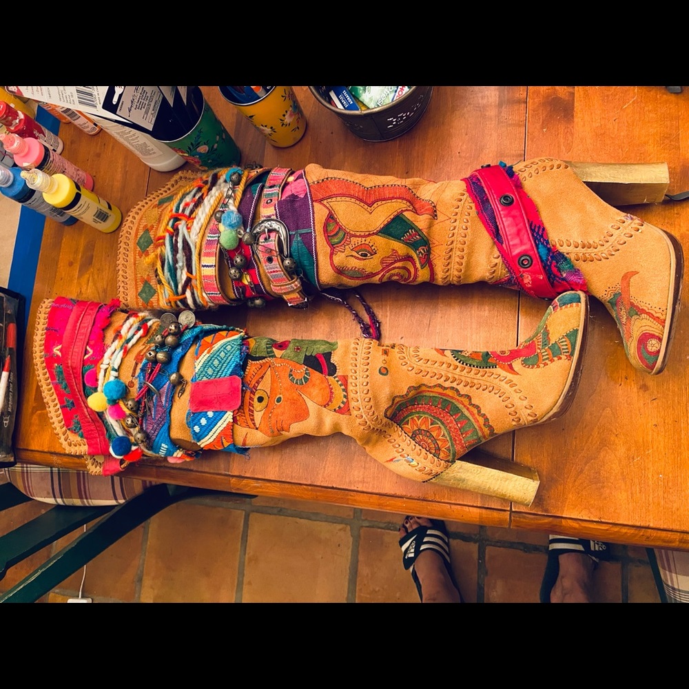 Handpainted & Embellished Faux Suede OTK “Bohemian Tart” boots